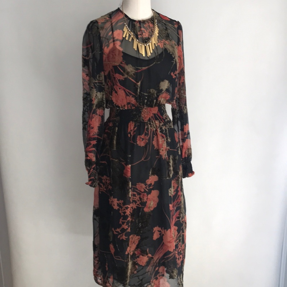 ZARA Black Floral Sheer Midi Dress XS Elegant Fall Long Sleeve Boho Romantic EUC